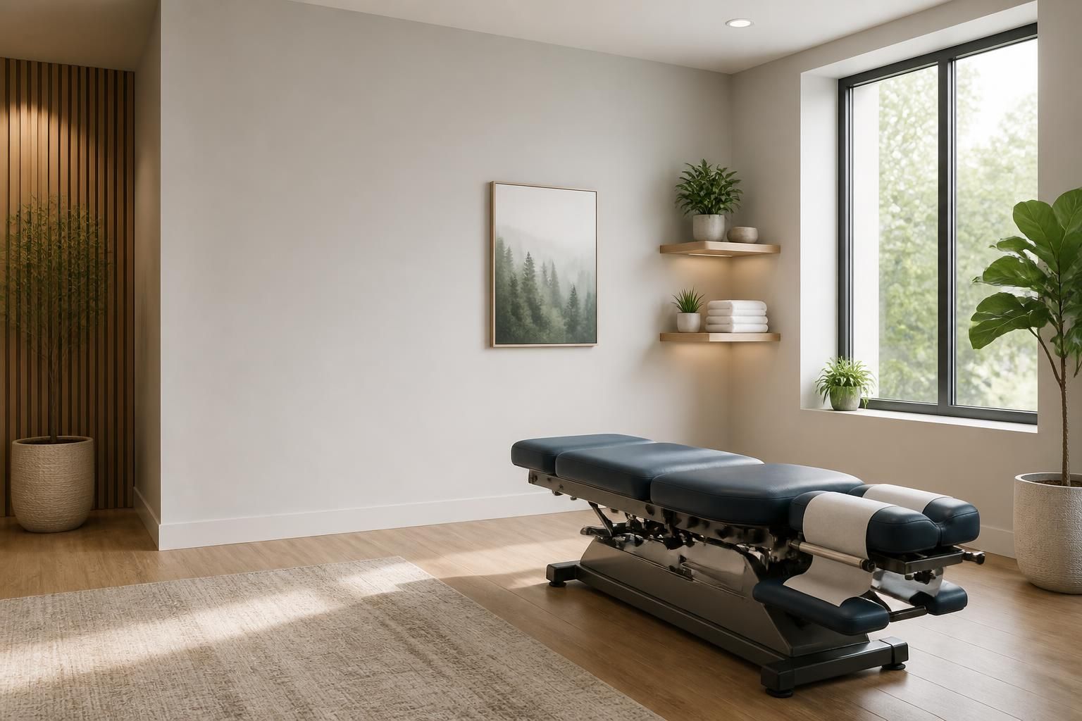 Bright chiropractic clinic interior with open space for website text.