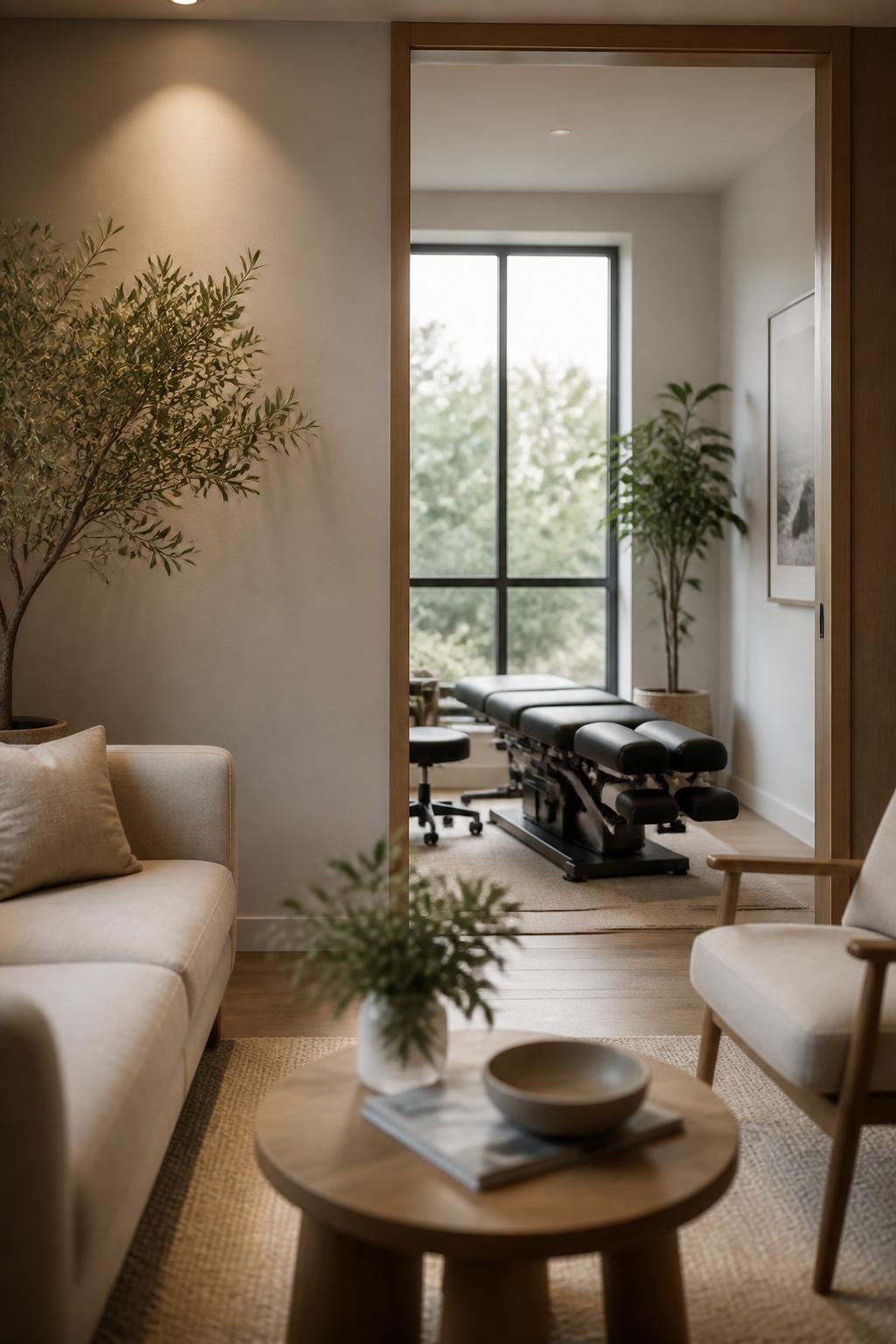 Inviting chiropractic office interior with a calm reception lounge and treatment room.