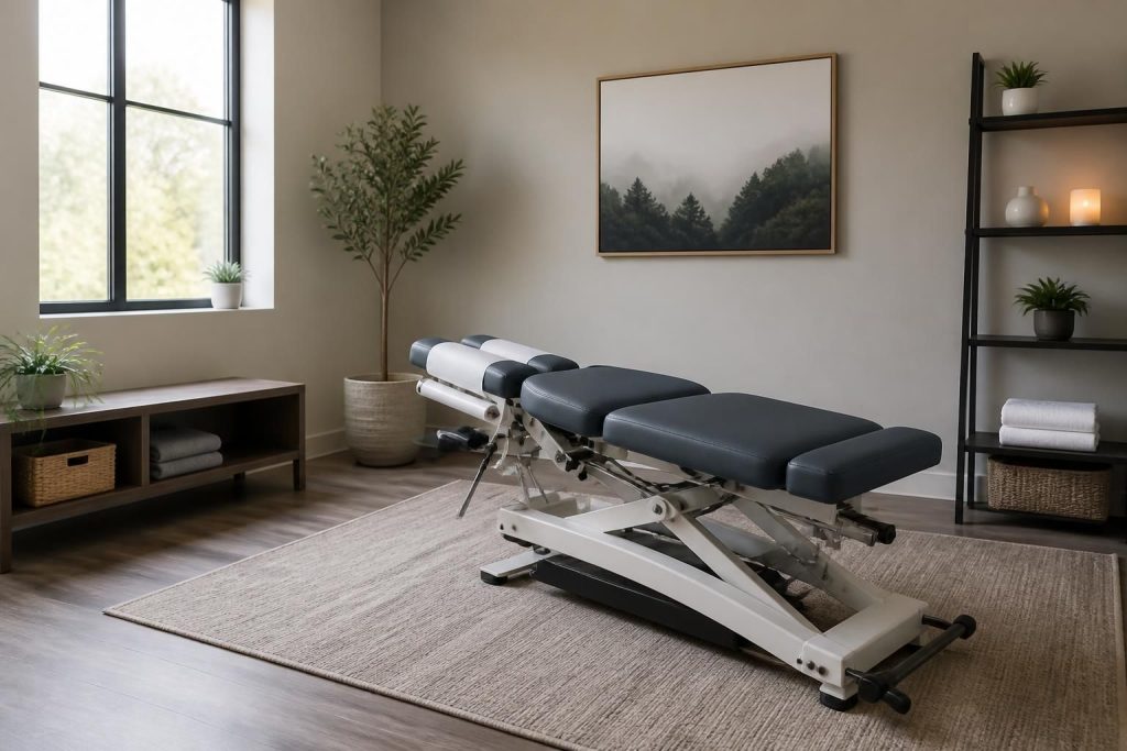 Modern chiropractic treatment room with a clean adjustment table and soft natural light.